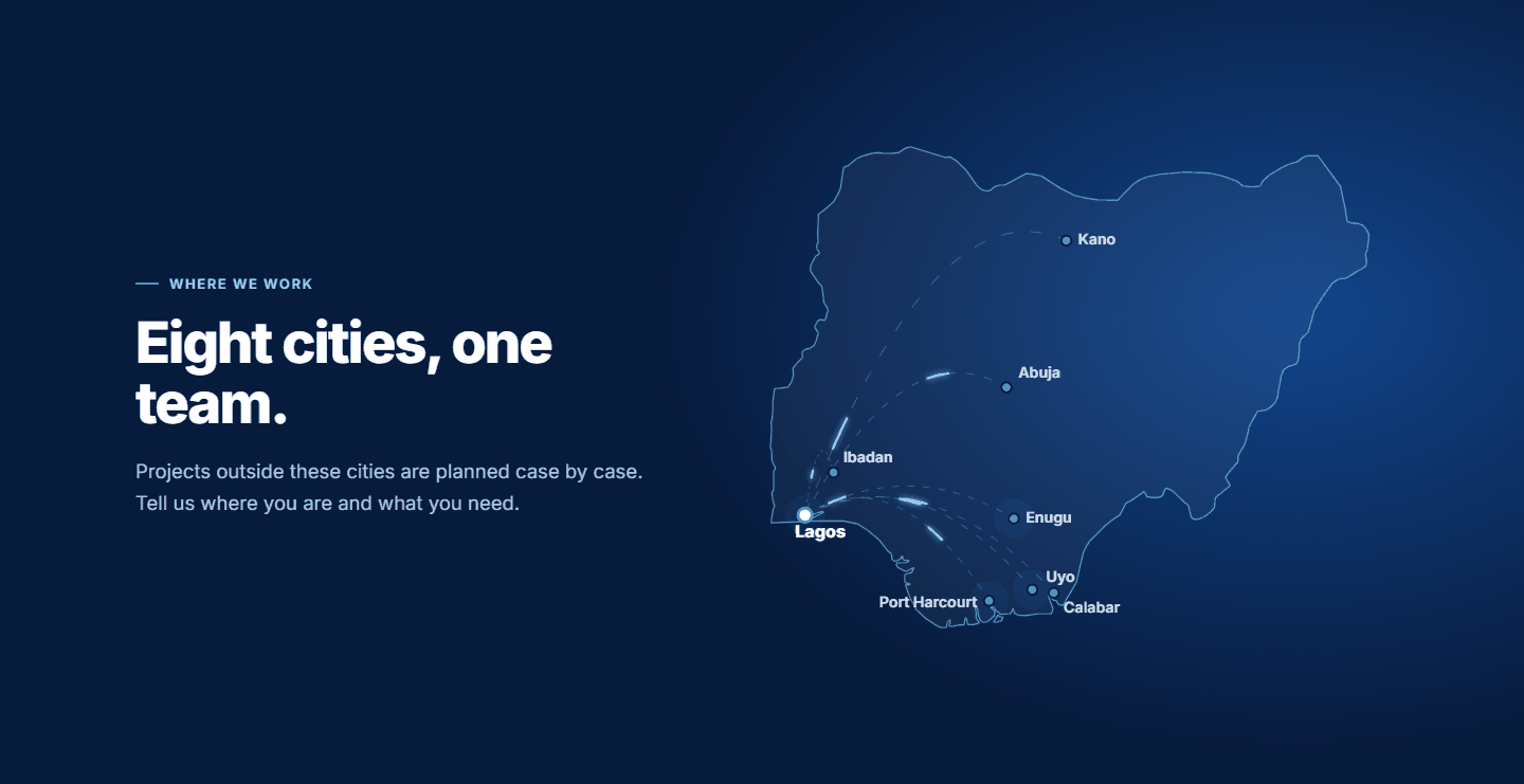 The coverage map of Nigeria with animated links from the Lagos head office to seven cities