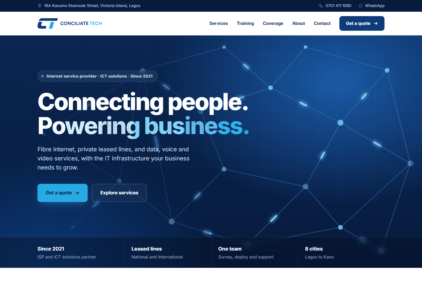 The home page at laptop width: Connecting people, powering business, over an animated network of cables