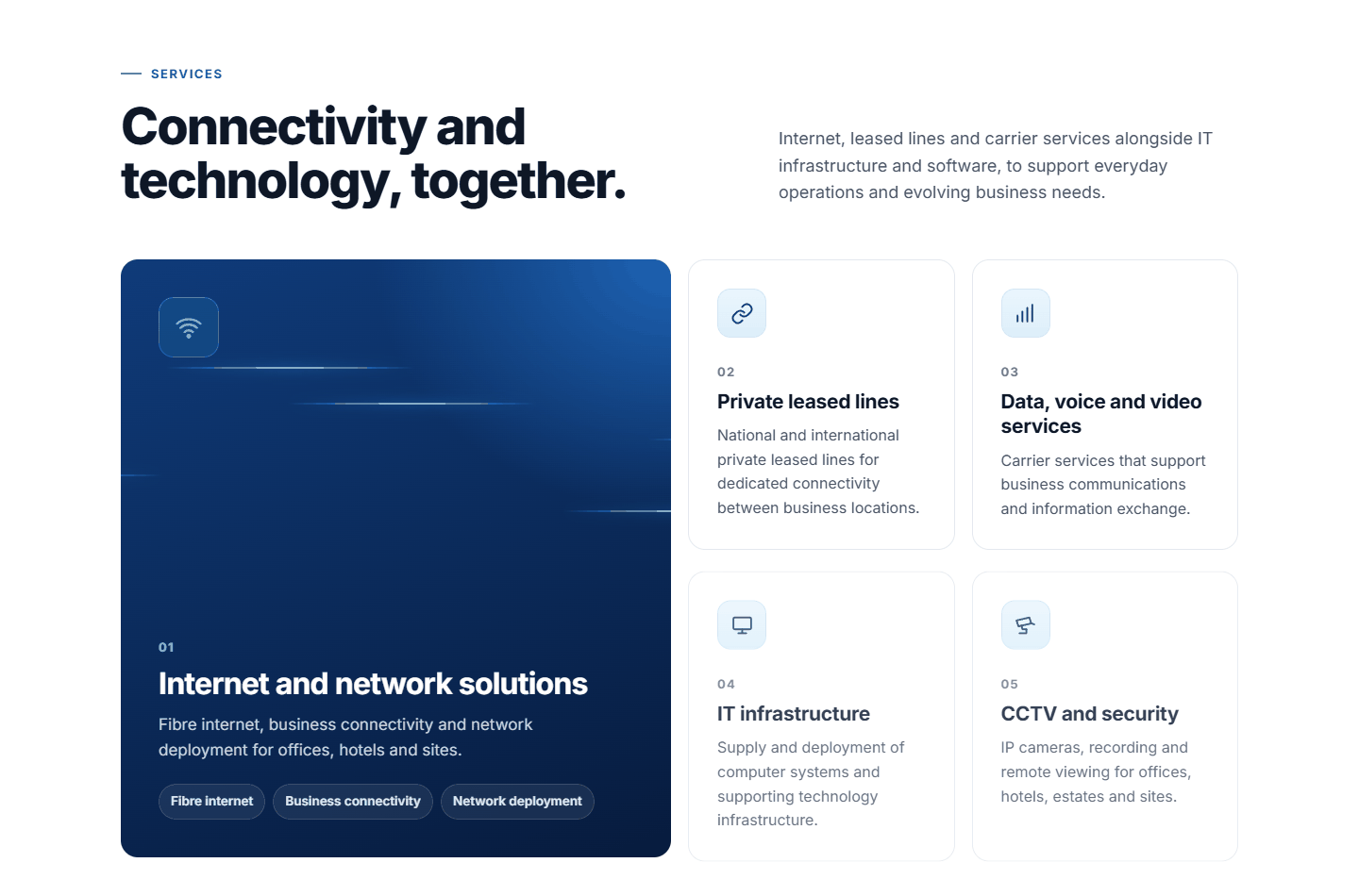 The services grid on the home page, with the featured tile carrying fibre-style light streaks